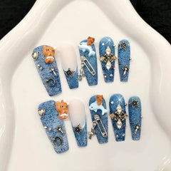 Denim Kitten(Handmade press on nails)/10Pcs Nails