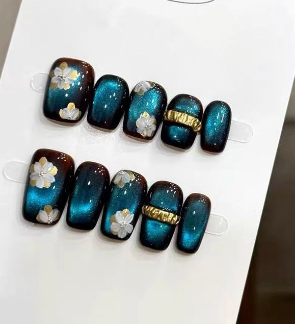 Blue Charm Gold Foil （Handmade press on nails）/10Pcs Nails