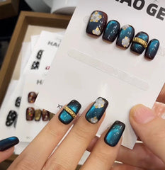 Blue Charm Gold Foil （Handmade press on nails）/10Pcs Nails