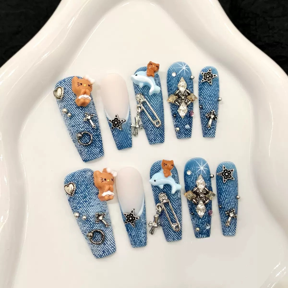 Denim Kitten（Handmade press on nails）/10Pcs Nails