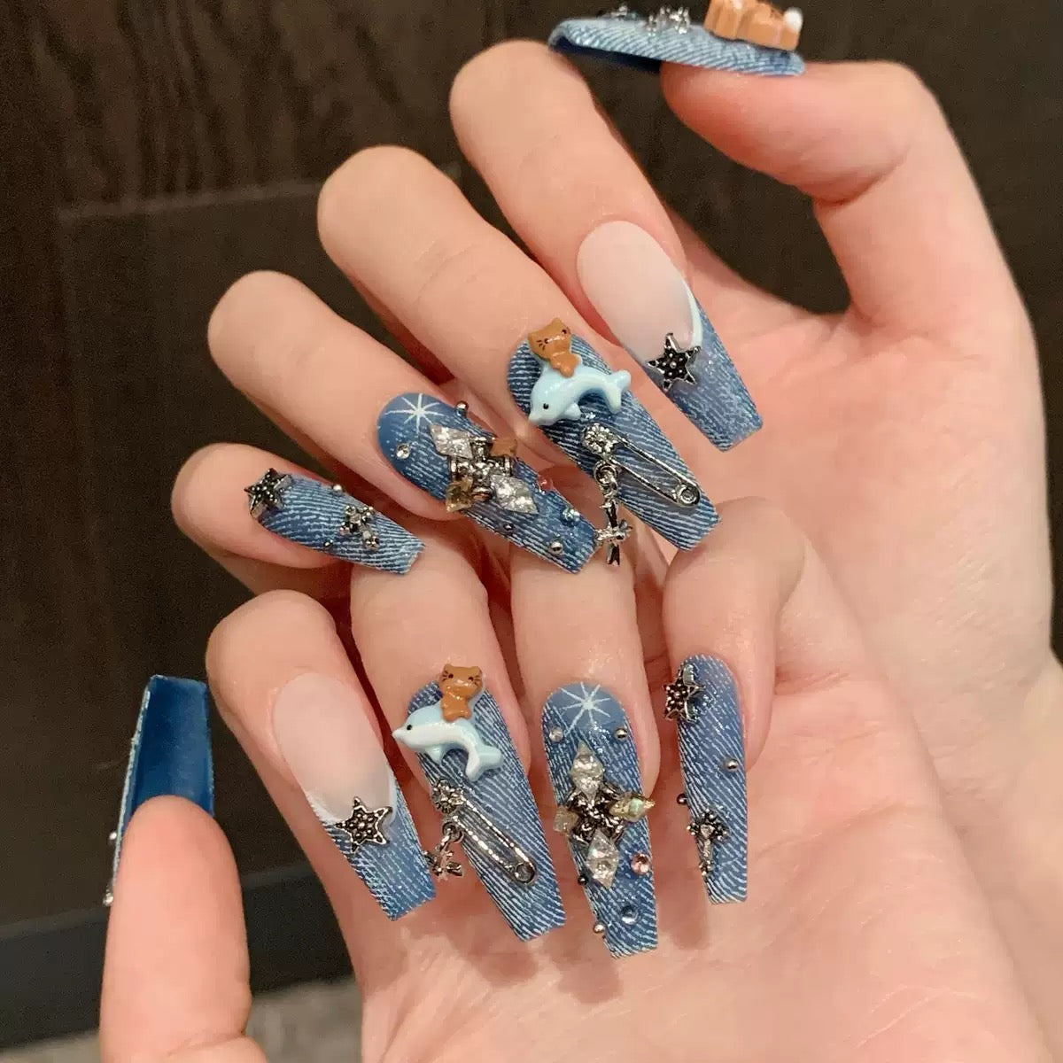 Denim Kitten（Handmade press on nails）/10Pcs Nails
